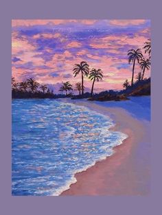 a painting of the beach at sunset with palm trees