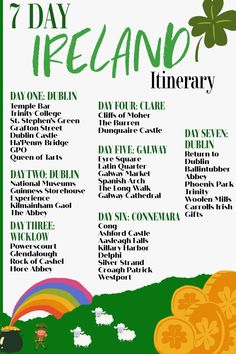 a poster for the st patrick's day ireland itinerary with irish symbols