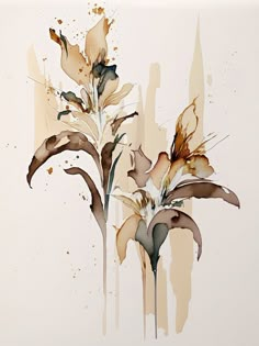 an abstract painting of flowers on a white background with brown and tan paint splatches