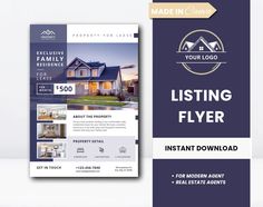 a flyer for a real estate listing and listing company with an image of a house in the background