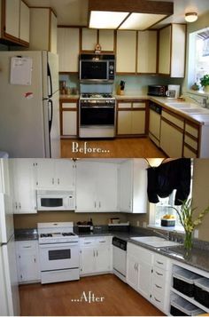 before and after pictures of a kitchen remodel with white cabinets, black counter tops, and wood flooring