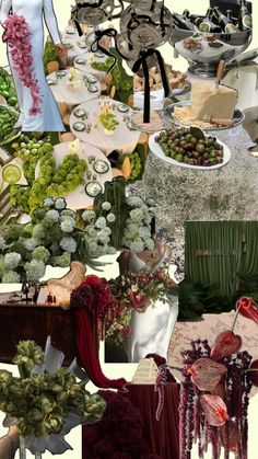 a collage of different pictures with food and flowers on them, including grapes, broccoli