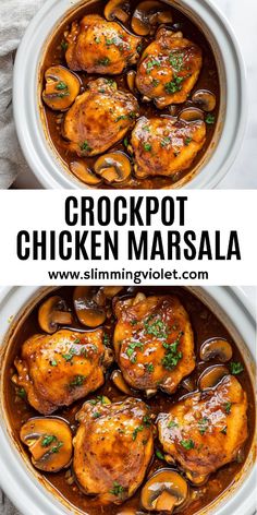 crockpot chicken marsala with mushrooms and parsley in a slow cooker