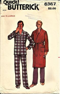 "Butterick 6367 X-large Measurements Chest 46-48\", Waist 42-44\", Hip 47-49\" Description - This is a LOT of pattern and although it says it's a Men's pattern, nothing says you can't make the robe for anyone. In a nice cozy flannel. Or a fluffy white terrycloth.  Also included are pajamas, the top has a nice notched collar and the pants even have a mock fly front, although you could omit it to make the sewing even easier.  Check out my shop's vintage buttons to complete your sewing - https://www.etsy.com/shop/Sheworethedressagain?ref=seller-platform-mcnav&section_id=29996567  Men's Pajamas and Robe. Loose fitting pajama top has front buttoned closing, shaped notched collar and lapels, full length straight sleeves and patch pocket. Straight legged pajama pants have elasticized waistline an Men Pajamas, 1980s Men, Terry Cloth Robe, Men's Pajamas, Butterick Pattern, Butterick Sewing Pattern, Cozy Flannel, Mccalls Patterns, Simplicity Patterns