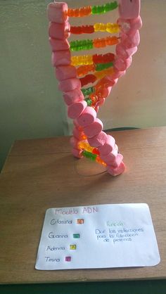 a glass with gummy bears in it on top of a table next to a sign