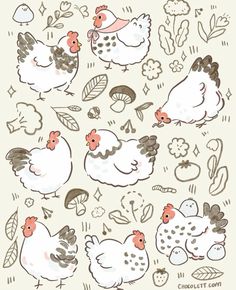 chickens and roosters are depicted in this hand drawn illustration, which is part of an art project