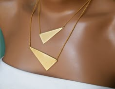 Geometric triangle necklace gold triangle by BeautySpotJewelry, $138.00 Gold Triangle Jewelry, Necklaces Ideas, Statement Necklace Gold, Double Chain Necklace, Gold Triangle, Gold Chains For Men, Triangle Necklace, Gold Statement Necklace, Geometric Triangle