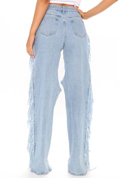 Available In Light Blue Wash. Destroyed Boyfriend Jeans High Waisted 5 Pocket Distressed Cut Outs Fray Side Detail Fray Step Hem Non Stretch Denim 11.5 High Rise Longer Inseam: 38 Disclaimer: Due To The Specialized Wash & Distressing Process. Each Garment Is Unique 100% Cotton Imported Casual Medium Wash Jeans With Fringe, Casual Medium Wash Fringed Jeans, Casual Medium Wash Fringe Jeans, Casual Denim Blue Jeans With Fringe, Denim Blue Cotton Jeans With Fringe, Blue Cotton Bottoms With Fringe, Summer Blue Fringe Jeans, Trendy Blue Jeans With Fringe, Trendy Blue Fringe Jeans