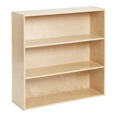 a wooden bookcase with three shelves on each side and no one in the front