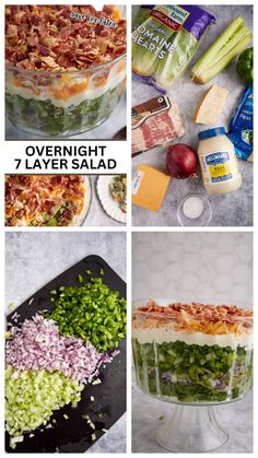 the ingredients for this layered layer salad are shown in four different pictures, including onions, celery, onion, and cheese