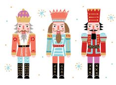 three nutcrackers are standing next to each other