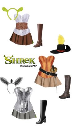 several different types of clothing and hats on display in an image with the words shrek