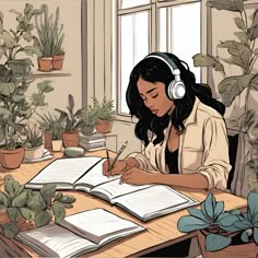 a woman sitting at a desk with headphones on writing in an open book, surrounded by potted plants