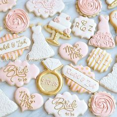 wedding cookies are arranged on a table