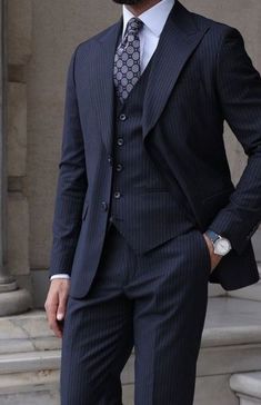 Men In Three Piece Suits, Mens Work Suit, Gentleman Suit Classy, Men’s Black Pinstripe Suit, Stripe Suits For Men, Farewell Suits Men, French Suits Men, Striped Suits Men, Pinstripe Suits Men