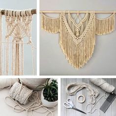 four pictures with different types of macrame and yarns on the top one has scissors, two are crochet