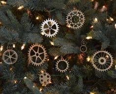 a christmas tree decorated with gears and lights