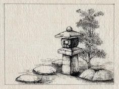 an ink drawing of a stone lantern in the middle of some rocks and a tree