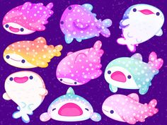 an assortment of cartoon fish on a purple background