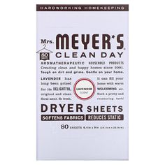 the label for mrs meyer's clean day dryer sheets is shown in brown and white