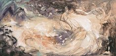 an abstract painting with white and brown colors on the bottom half of it, depicting a woman in a flowing dress