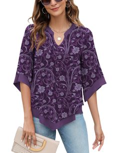 PRICES MAY VARY. ❤Unique Design: The flattering floral outer and solid color linning combinations make you look more elegant and fashionable. Henley V neck Design which are perfectly for various occasions. ❤3/4 BELL SLEEVE: Semi-sheer patchwork ruffled 3/4 sleeve, Make you move your arms easily without any obstructions, for the ultra comfortable feel and trendy style. ❤Slimmer Design for You: This dressy top is designed to show off your best features. Double layers and flowy bottom design perfec Sheer Patchwork, Mesh Shirts, Flowy Tunic Tops, V Top, Ladies Tops Blouses, Top Manga, V Neck Design, Chiffon Blouses, Flowy Tunic