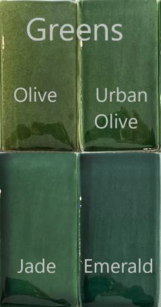 four green tiles stacked on top of each other with the words olive, urban olive and jade emerald