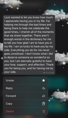 the text message is displayed on an iphone's screen, with clouds and stars in the background