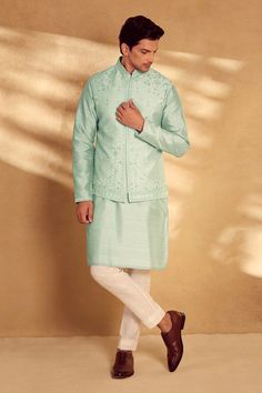 Pista bundi with floral embroidered motifs, mirrorwork and welt pockets. Comes with kurta and pant. - Aza Fashions Embroidered Motifs, Nehru Jackets, Kurta Set, Pants Pattern, Embroidered Silk, Mandarin Collar, Aza Fashion, Welt Pockets, Pure Silk