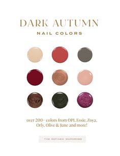 200 Best Nail Polish Colors for Dark Autumns: Shades From Essie, OPI, Olive June, Orly, Zoya, Clean Beauty Brands and More - Etsy Sweden Opi Nail Polish Color Chart, Deep Autumn Palette, Best Nail Polish Colors, Opi Nail Polish Colors, Deep Autumn Color Palette, Autumn Skin, Skin Undertones, Fun Nail Colors, Manicure Colors