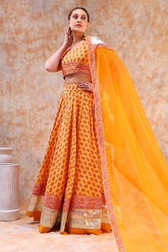 Yellow lehenga with bouquet print all over and gota embellished border. Paired with printed blouse and dupatta. - Aza Fashions Bollywood Wedding Choli With Printed Motifs, Wedding Lehenga With Printed Motifs For Festivals, Wedding Lehenga With Printed Motifs For Diwali, Festive Wedding Lehenga With Printed Motifs, Fitted Wedding Choli With Printed Motifs, Fitted Orange Bandhani Print Set, Yellow Printed Motif Sets For Wedding, Yellow Printed Motifs Sets For Wedding, Yellow Sets With Printed Motifs For Wedding