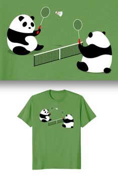 two t - shirts with pandas playing tennis on the front and back, one is green