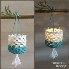 three different pictures of small crocheted baskets hanging from a tree branch with pine branches in the background