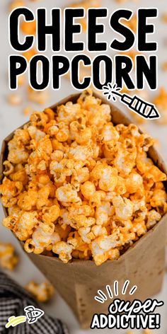 cheese popcorn in a paper bag with the title above it