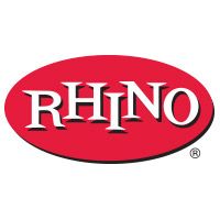 the rhino logo is red and white with black letters on it's bottom half