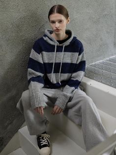 Composition : 30% mohair, 30% wool, 40% nylonColor : navyCountry of Origin : China Winter Striped Hoodie With Ribbed Cuffs, Striped Hoodie With Ribbed Cuffs For Winter, Striped Hoodie, Knitwear, Composition, China, Wool, Navy, Knitting