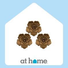 three brown flowers sitting on top of a blue and white house with the words at home