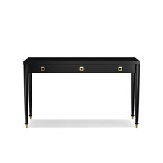 a black console table with gold handles and two drawers on the top, against a white background