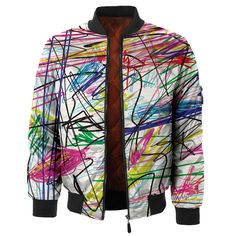 He Confuses Me Bomber Jacket – Fresh Hoods Artistic Winter Outerwear For Streetwear, Artistic Winter Streetwear Outerwear, Artistic Multicolor Winter Outerwear, Artistic Graffiti Print Outerwear For Streetwear, Multicolor Graffiti Print Winter Outerwear, Artistic Multicolor Long Sleeve Outerwear, Multicolor Graffiti Print Outerwear For Streetwear, Artsy Multicolor Long Sleeve Outerwear, Artsy Long Sleeve Outerwear With Graphic Print