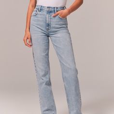 Abercrombie Ultra High Rise 90s Straight Jeans - Never Worn! Only Tried On And They Were Too Small Size 28/6r Abercrombie Jeans, 90s Jeans, Love Jeans, Abercrombie And Fitch Jeans, Long Sleeve Blouse Pattern, High Rise Mom Jeans, Loose Jeans, Slim Straight Jeans, Light Wash Jeans