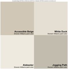 four different shades of white paint with the words, accessible beige and sherwinn's