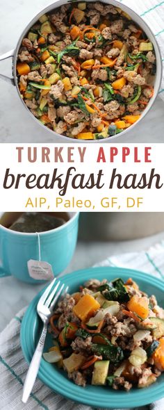 turkey apple breakfast hash with spinach, squash and carrots in a blue bowl