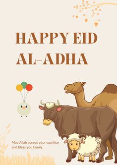 an eid al - adha greeting card with three animals