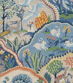 an image of a tapestry with animals and trees on the ground in blue, green, yellow and orange colors