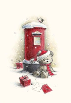 two teddy bears are sitting in front of a red mailbox with presents on the ground