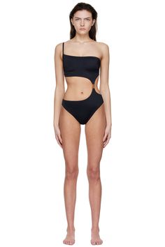 Versace Underwear: Black Nylon Single-Shoulder One-Piece Swimsuit | SSENSE Fashion Model Swimwear, Female Shoulder, Front Back Side Reference, Female Swimsuit, Swimsuit Modeling, Swimsuit Pose, Side Body Reference, Model Pose Reference, Female Modeling Poses