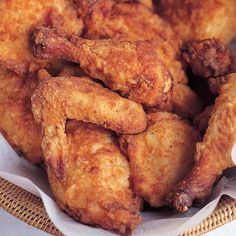 fried chicken wings in a basket on a table