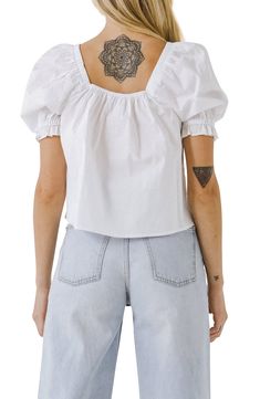 Crisp cotton constructs a boxy-fit blouse with an elasticized square neck and voluminous puff short sleeves. Square neck Short sleeves 100% cotton Hand wash, dry flat Imported Women's Clothing English Factory, Fitted Blouses, Feminine Aesthetic, Puff Sleeve Top, Cotton Top, Cotton Tops, Sleeve Cotton, Square Neck, Puff Sleeve