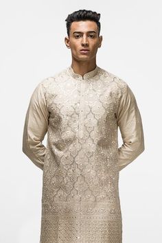 Shop for Asuka Beige Geometric Embroidered Chanderi Silk Kurta Set for Men Online at Aza Fashions Raw Silk Kurta With Mirror Work For Reception, Transitional Resham Embroidery Kurta For Reception, Festive Tussar Silk Sherwani With Zari Work, Eid Tussar Silk Sherwani With Zari Work, Tussar Silk Sherwani For Diwali Festive Occasions, Eid Sherwani With Zari Work In Tussar Silk, Diwali Tussar Silk Sherwani With Resham Embroidery, Chanderi Kurta With Intricate Embroidery For Reception, Festive Tussar Silk Kurta With Resham Embroidery