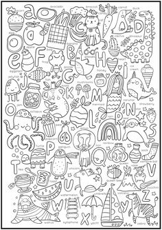 an adult coloring book with doodles and letters